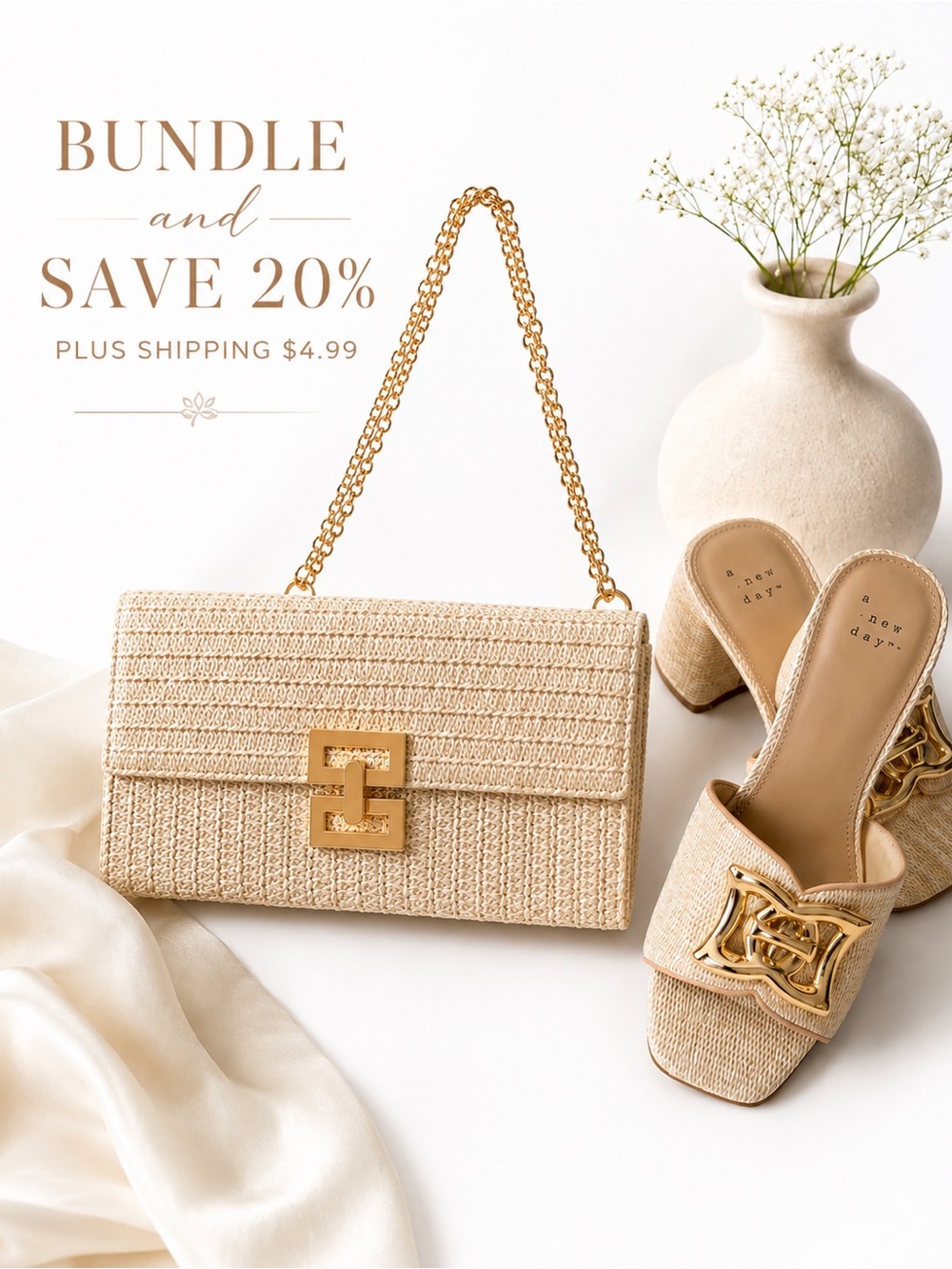 NWOT Woven Straw Clutch Crossbody Bag Adjustable Gold Chain Quiet Luxury Beige - Picture 2 of 11